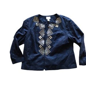 Sharp! Chico’s Navy Blue Gold and Silver Embellished Blazer Linen Blend